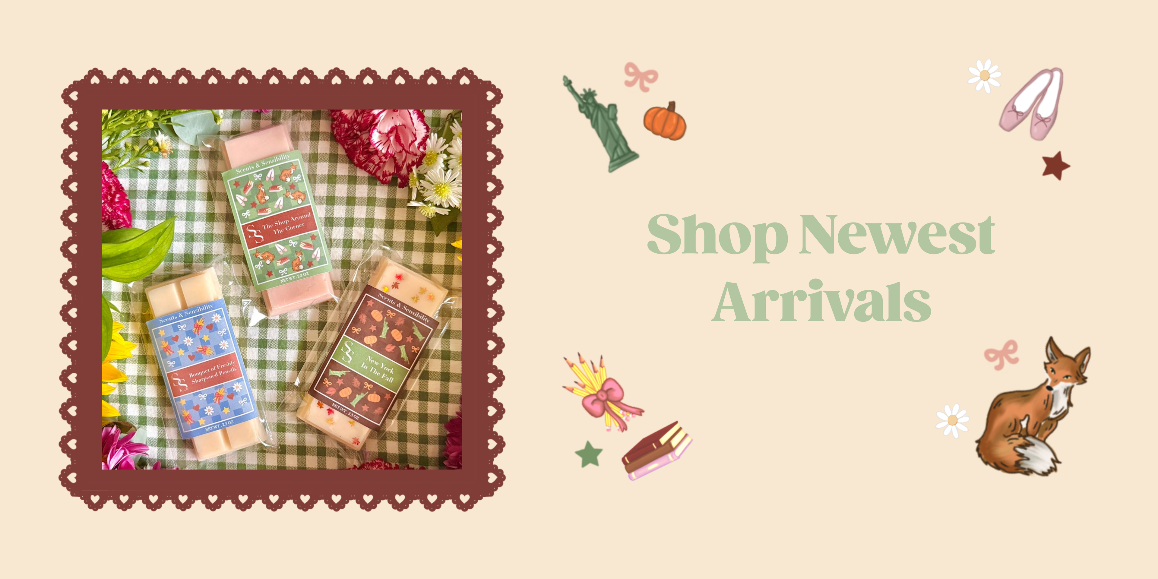 Promotional banner with 'Shop Newest Arrivals' text and decorative elements on a beige background.